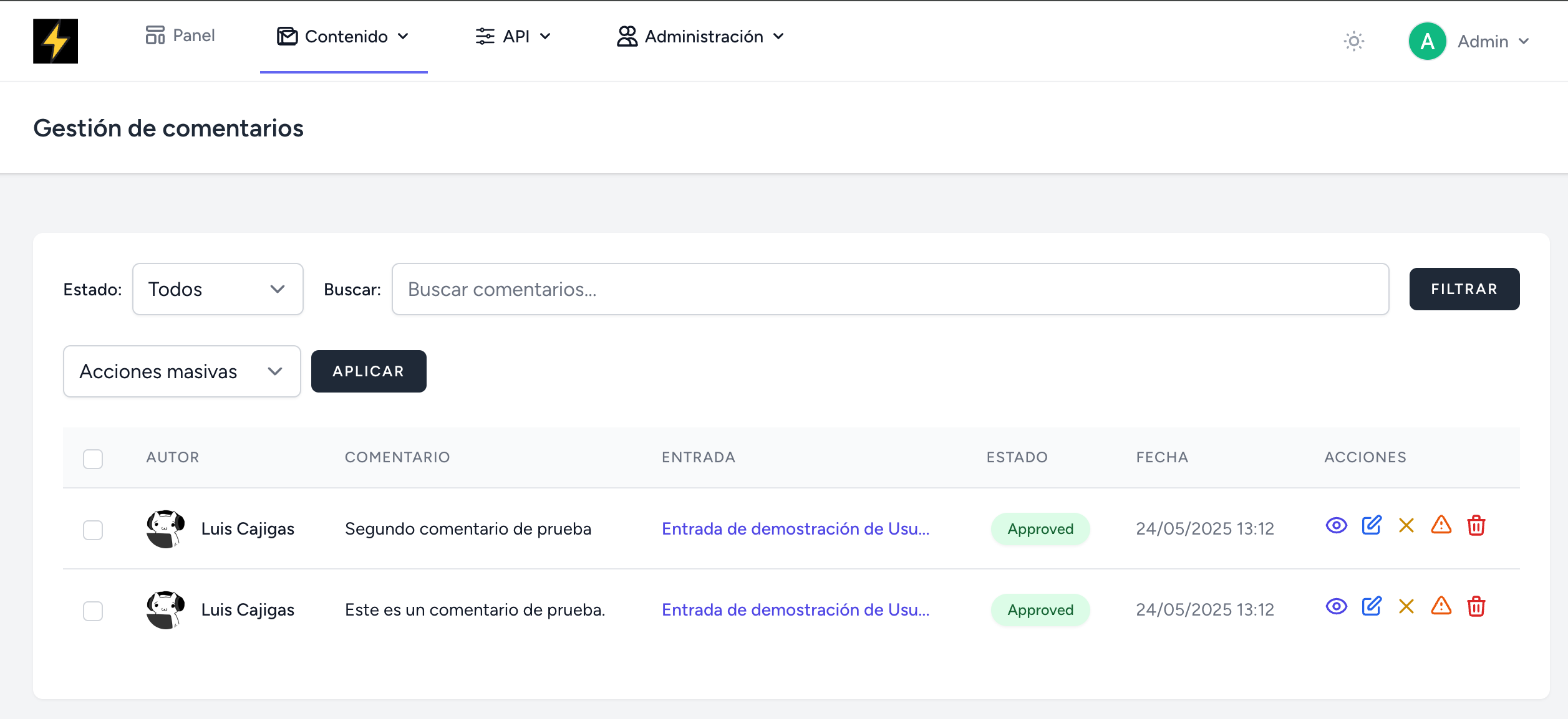 Panel de moderación de comentarios en ZapCMS