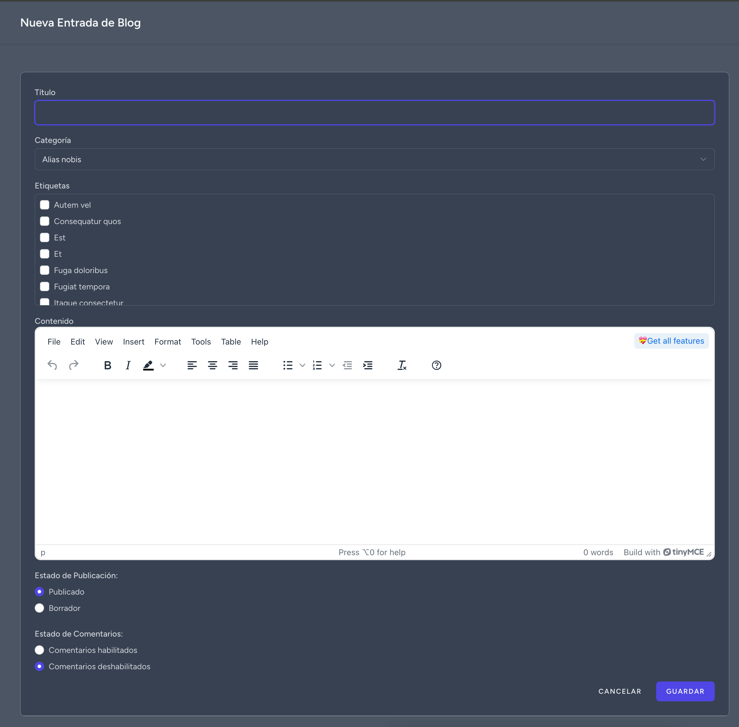 Editor de ZapCMS para una nueva entrada de blog