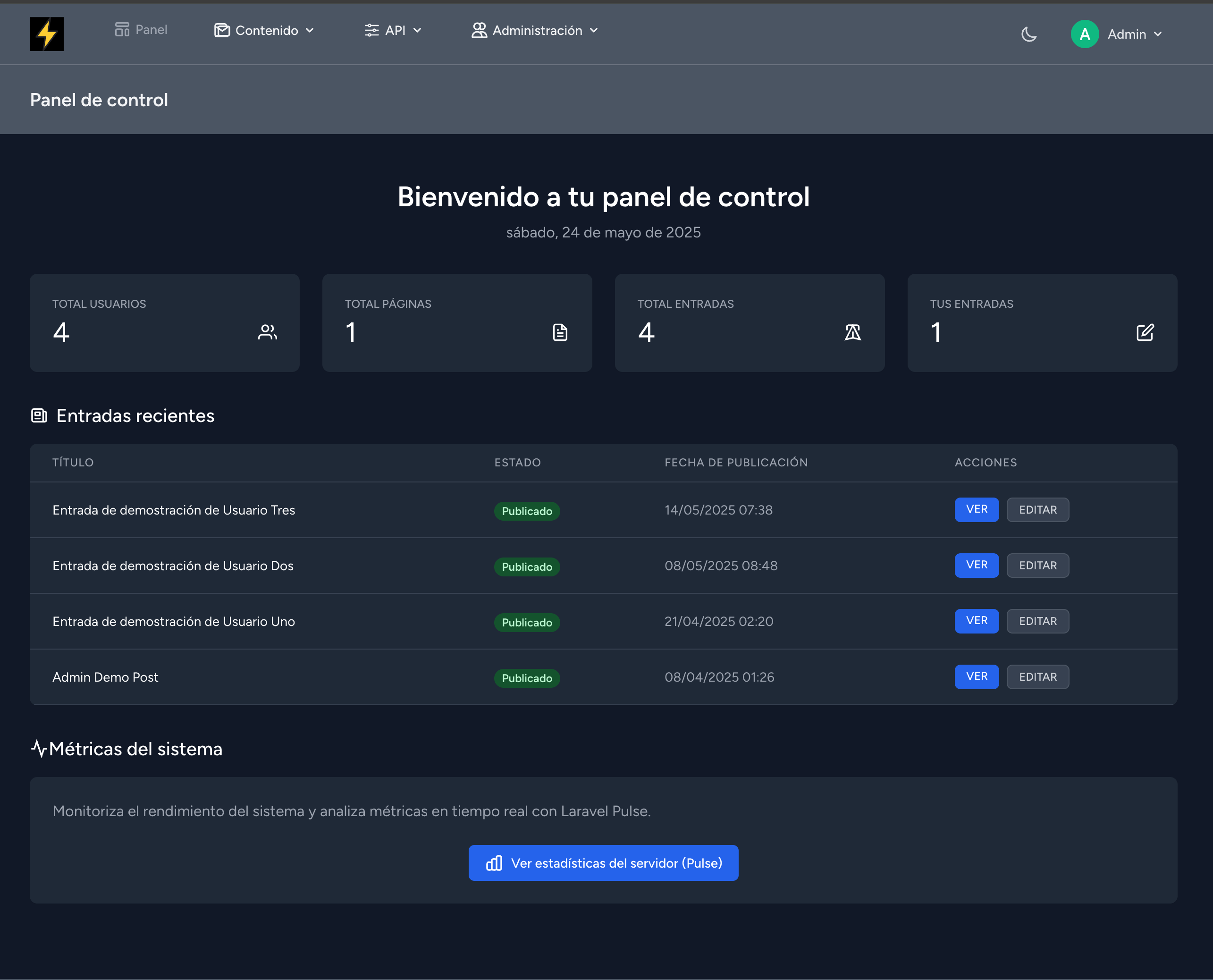 Captura del panel de control del CMS