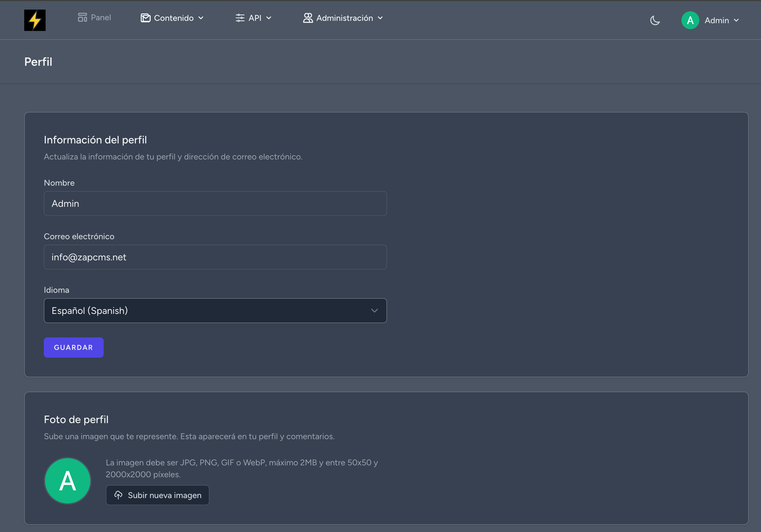 Vista principal del Perfil de Usuario en ZapCMS