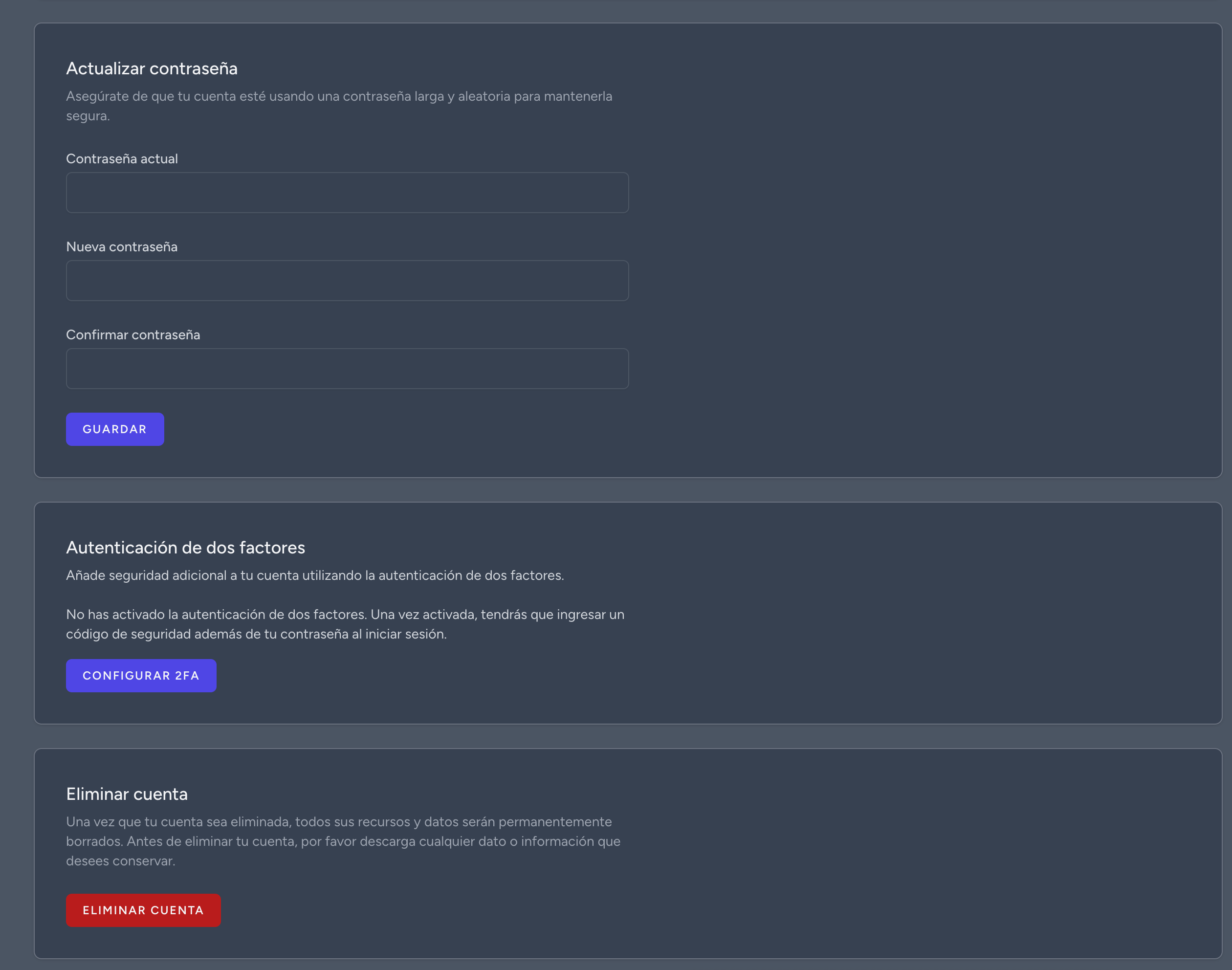 Sección de seguridad del perfil en ZapCMS